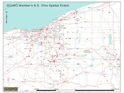 Map showing the geographic extent of GUONO members across Northeast Ohio